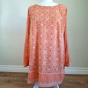 J. Jill Peach Mixed Print Longsleeve Tunic Top With Mini Pompom Trim